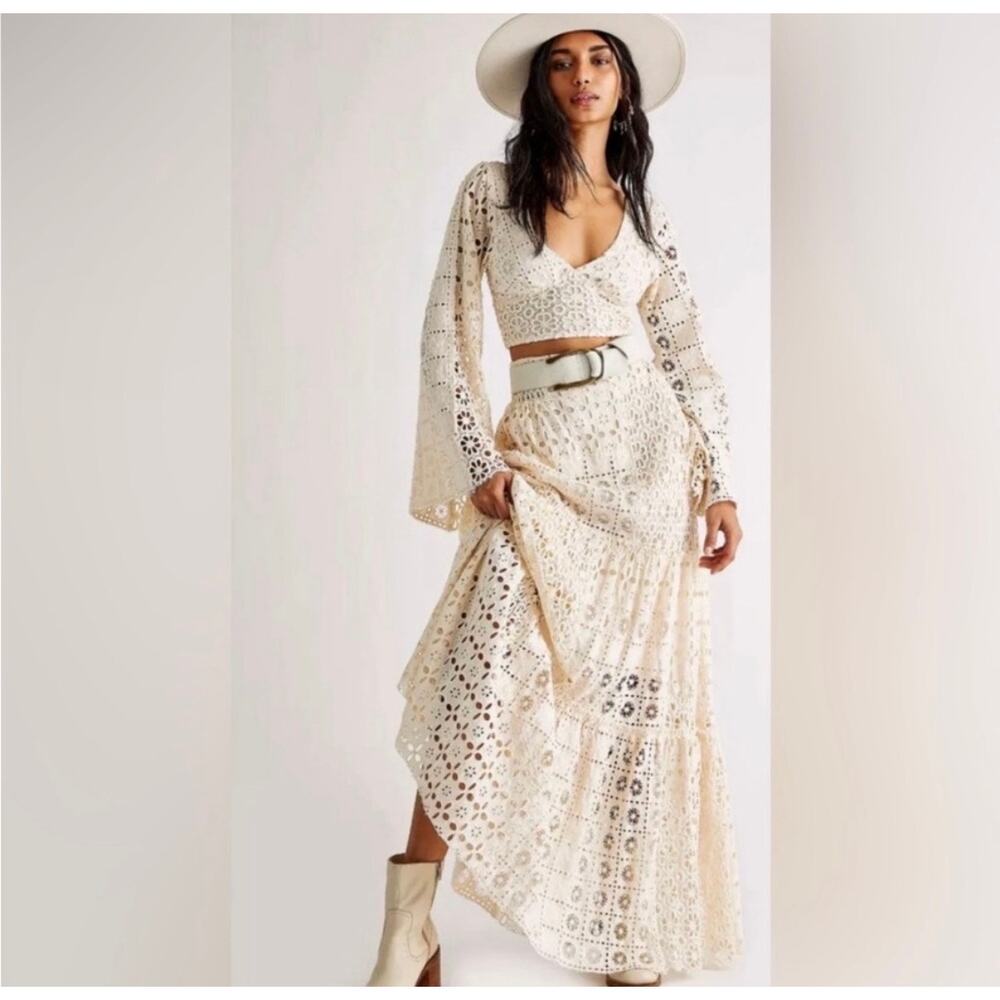 BHLDN x FP ONE Yesenia Eyelet Skirt Top Set Boho Cottage Bridal Cream Large